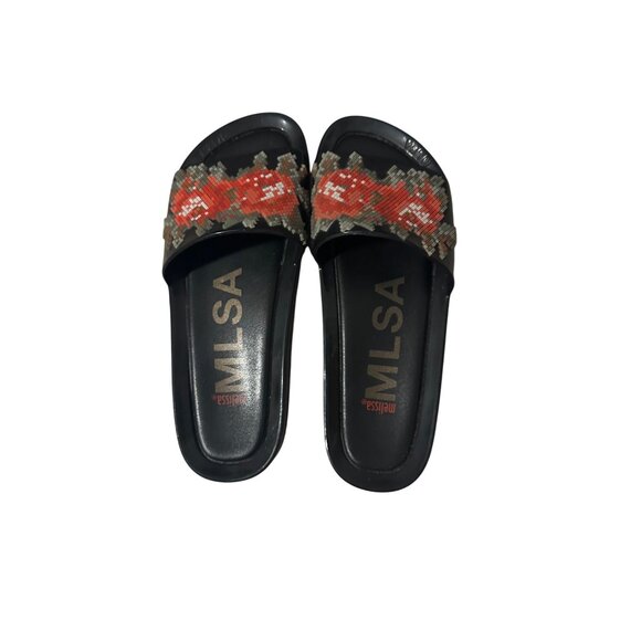 MELISSA Rose Faux Needlepoint Pool Slides Sandals Size US 9 / EUR 40 - Picture 2 of 7